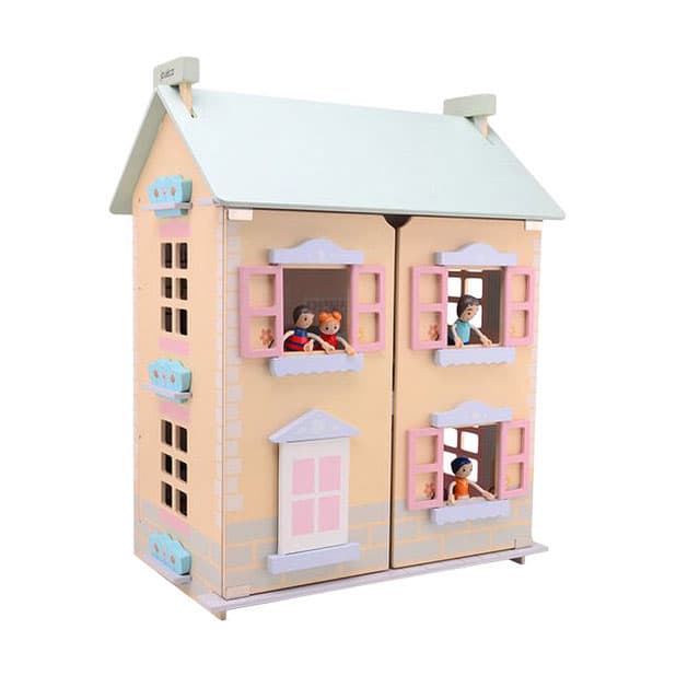 Jou?co? - Houten poppenhuis met 15 meubels en 4 poppen